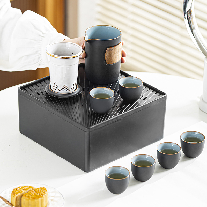 領藝 多彩祥云旅行茶具套装快客杯一壶三杯便携式包随身茶壶泡茶杯日式 多彩祥云旅行茶具6杯黑盒装