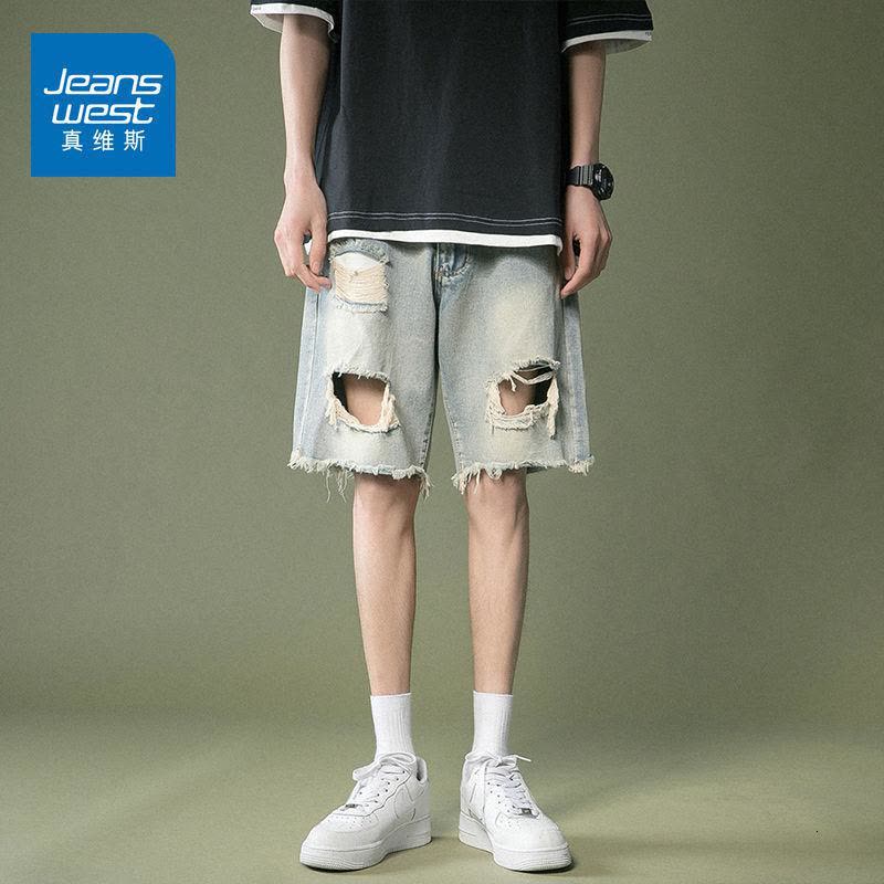 真维斯嘻哈网红破洞牛仔短裤男夏季薄款高街潮流五分裤宽松中裤子图片