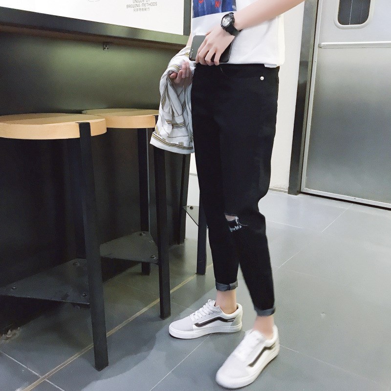 膝盖破洞牛仔裤男小脚春夏新款潮流时尚男装裤子青年韩版九分裤男