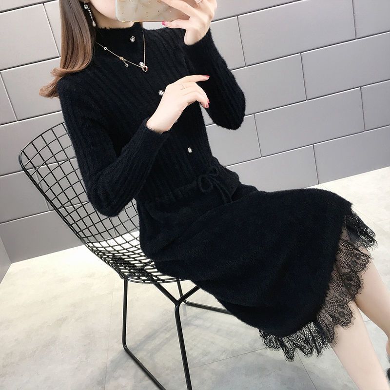 水貂绒长款过膝毛衣女秋冬连衣裙2021新款内搭加厚收腰打底毛衣裙