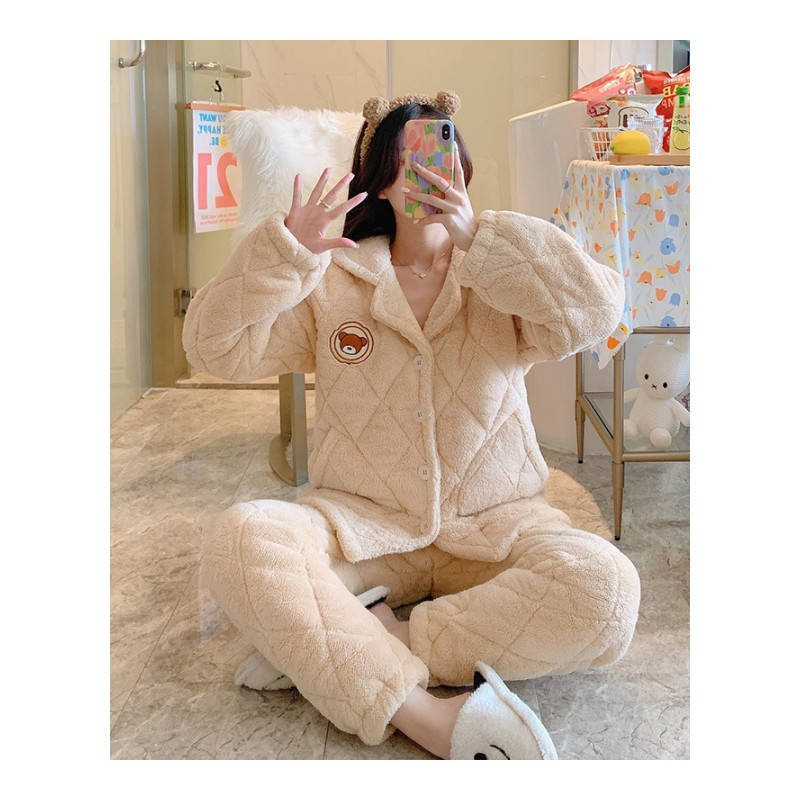 权小威 睡衣女秋冬季三层加厚夹棉加绒保暖可外穿家居服休闲冬天棉衣套装