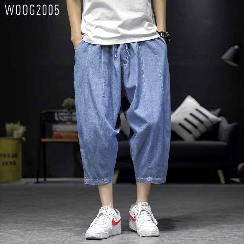 WOOG2005 宽松大码七分牛仔裤男夏季潮流高档休闲百搭时尚裤子男