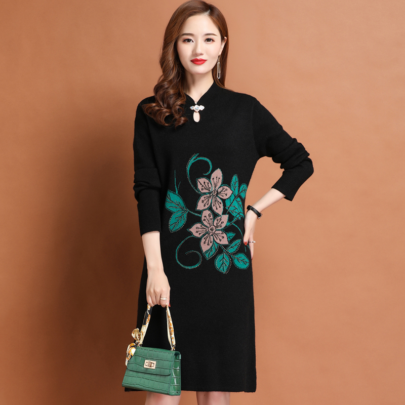 加厚新中式国风改良旗袍包臀长裙子女春秋大码收腰针织打底羊绒连衣裙红色旗袍裙气质长款复古高级感敬酒服连衣裙高清大图