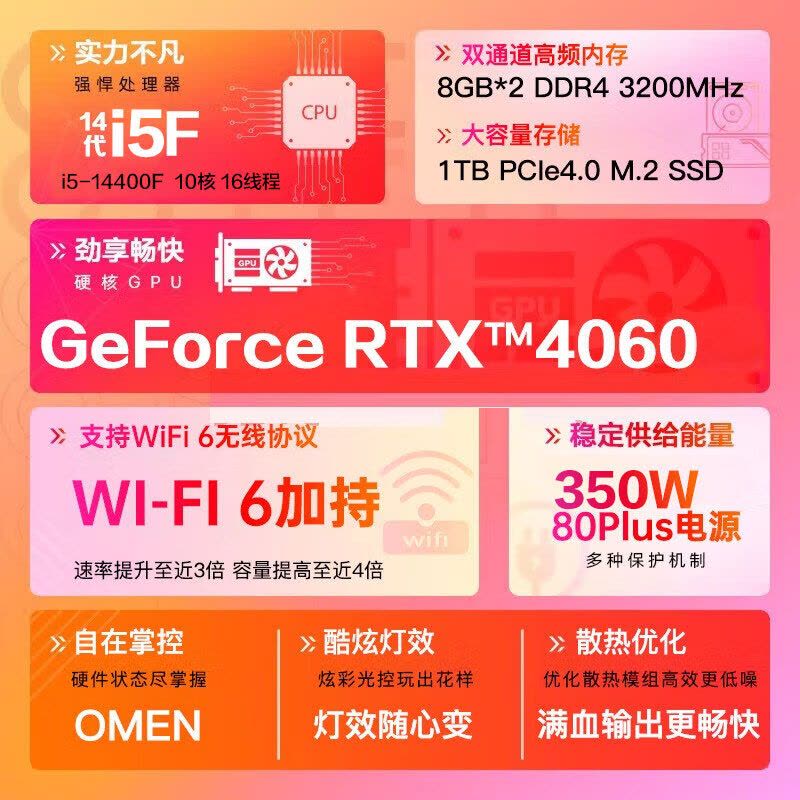 惠普HP 暗影精灵10 新品台式电脑 游戏台式机主机 设计师电脑 14代i5-14400F RTX4060 8G 蓝牙 WIFI TG02-242rcn图片