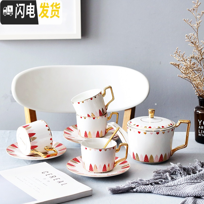 三维工匠ins英式花茶下午茶陶瓷茶具套装创意家用欧式整套咖啡具咖啡杯碟 黑灰色4杯4勺1壶1盘礼盒装 10件