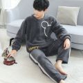 男士睡衣冬季可外穿法兰绒加绒加厚冬天睡衣男款珊瑚绒家居服套装 XL建议【120-145斤】 嗨皮绣字纯色长绒【套头】