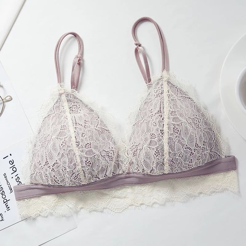 款性感三角杯文胸套装聚拢小胸罩夏季天法式bra香槟色32/70a>800_800