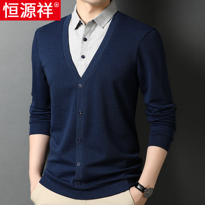 恒源祥假两件t恤男长袖春秋款带衬衫领休闲中年男士针织衫毛衣潮