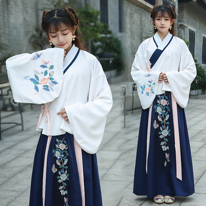 汉服女日常春装传统绣花长裙交领袄裙襦裙休闲古装三件套装fjq三件套(上衣+裙子+腰带)