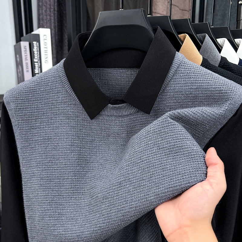 针织男士假两件2025秋季新款时尚拼接翻领撞色毛衣男针织衫高清大图