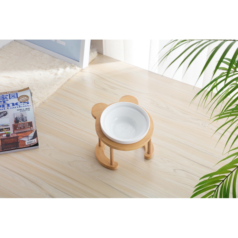 猫碗高脚猫咪喂食碗保护颈椎斜口狗碗可爱猫盆双碗陶瓷饮水宠物 可爱竹木纯白+单碗套装 猫咪/小型犬