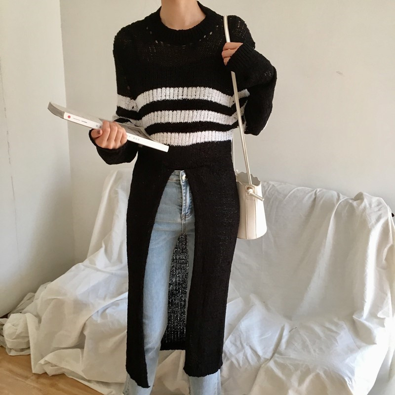 2018秋装复古chic中长款开叉条纹长袖薄针织衫百搭显瘦针织上衣女