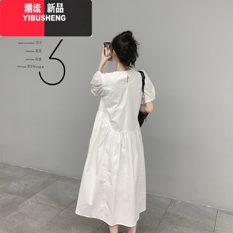 YIBUSHENG白色泡泡袖连衣裙大码胖妹妹韩风chic宽松法式仙气质长裙子女