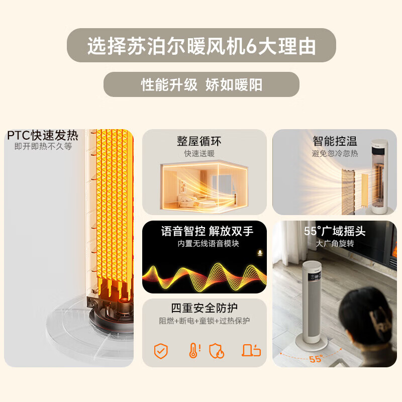 苏泊尔(SUPOR)取暖器暖风机电暖气家用电暖风暖炉热风机小型电暖风 [机械款]ESHW-PC202B-20/米色高清大图