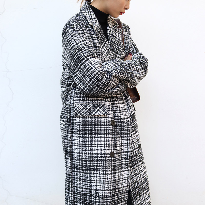 ENJOY’ME女装2019冬季新品格子西装加长腰带毛绒内里厚外套