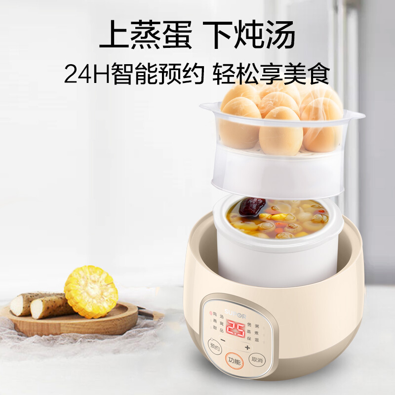 苏泊尔(SUPOR)燕窝炖盅 电炖锅 BB煲粥锅 陶瓷 迷你煲汤锅 带蒸笼 养生煲0.9L单人小炖锅DZ09YC811A