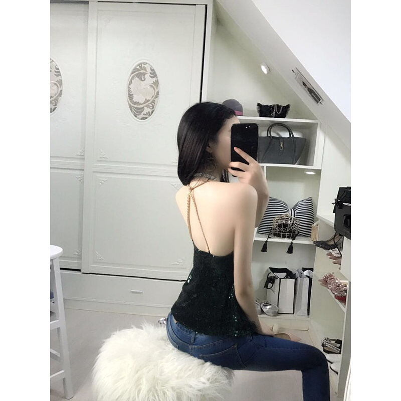 小心机时尚新款女装2018夏装闪闪亮片金属交叉肩带露背上衣小背心白色均码