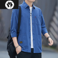 HongZun春夏新款工装衬衫男纯色短袖五分袖七分袖宽松多口袋商务休闲