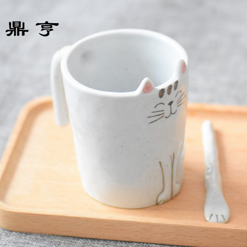 鼎亨猫咪杯子景德镇手绘日式萌猫杯可爱创意陶瓷咖啡杯碟套装带勺