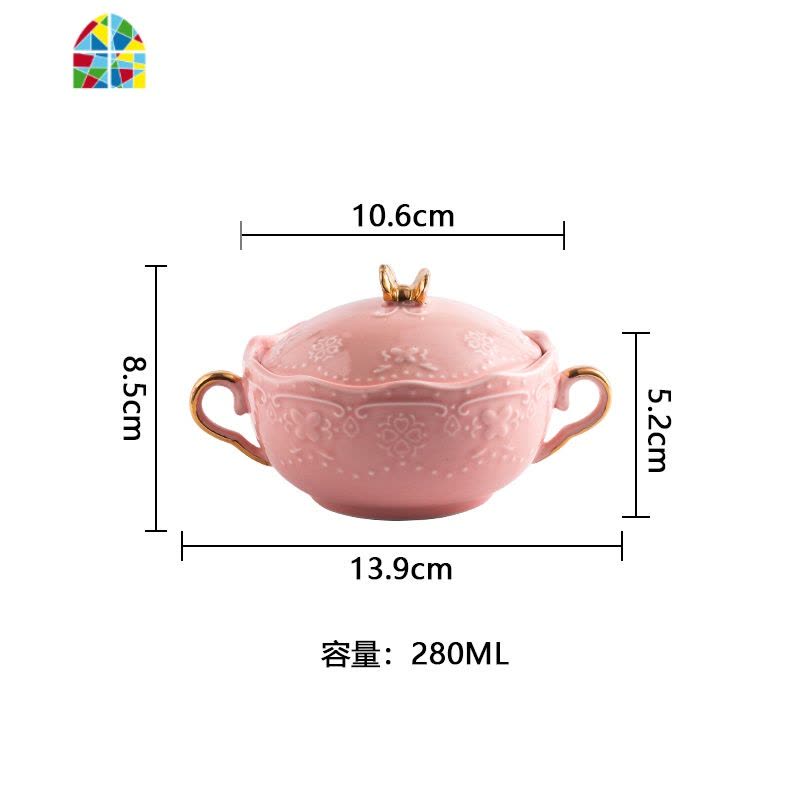 欧式燕窝小碗金边双耳蒸蛋碗陶瓷甜品糖水碗带盖套装鱼翅银耳汤盅 FENGHOU 金边款双耳盖碗(粉色)图片