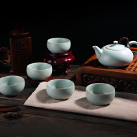 东道汝窑茶具整套茶具套装汝瓷茶具 陶瓷 青瓷 开片可养金线 喜乐壶杯组 一壶五杯