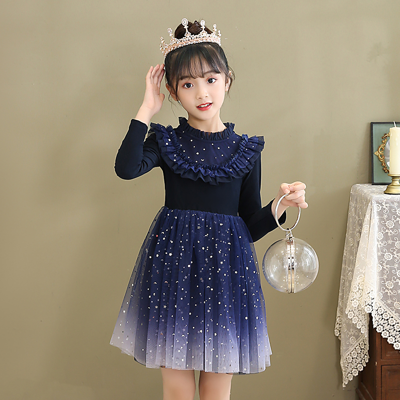 秋款洋气小女孩公主裙女童星空蓬蓬纱连衣裙宝宝渐变礼服裙子童视频