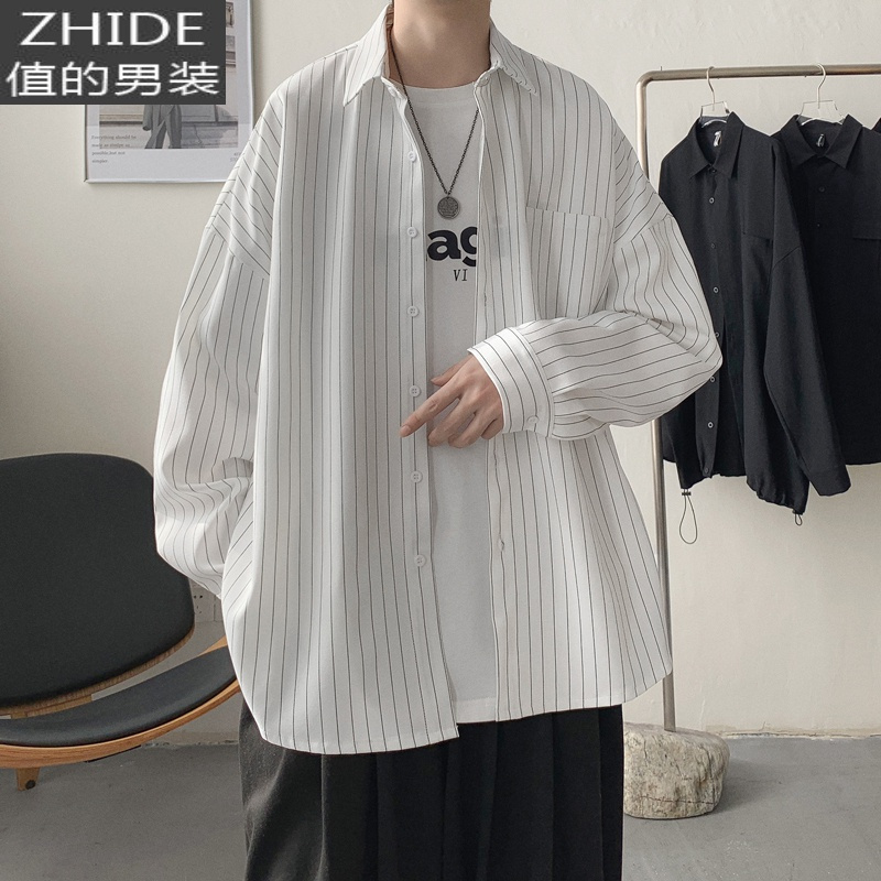 suntek条纹长袖衬衫男港风日系春季潮牌帅气休闲衬衣潮流百搭外套上