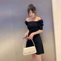 泡泡袖连衣裙夏季新款韩版气质裙子修身显瘦一字领女装裙子潮 XL 黑色