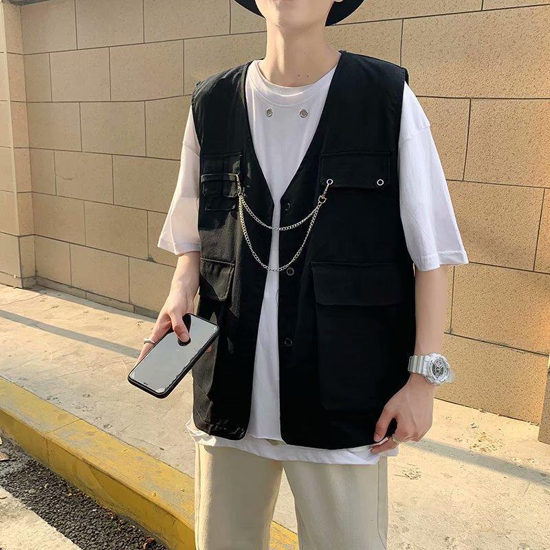 工装背心男韩版潮流港风ins机能黑暗系男装宽松坎肩战术马甲外套 白色T恤 M