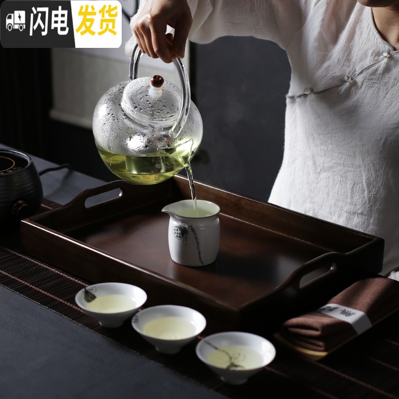 三维工匠 实木茶盘托盘长方形茶具收纳盘茶托简约日式茶台茶海家用 提把大号(40*30*6cm)高清大图