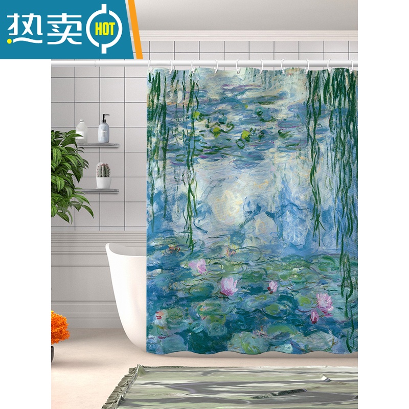 XIANCAI免打孔莫奈油画防水浴帘客厅插画挂帘卫生间隔断浴室淋浴挡水高清大图