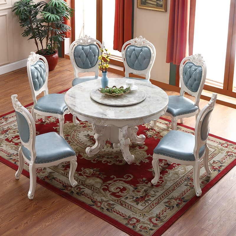 欧式圆形大理石餐桌家用饭桌全实木法式轻奢餐台小户型餐桌椅组合 1.35米餐桌一桌六椅其他结构
