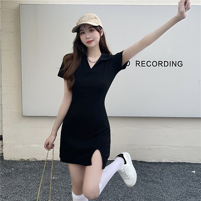 纯棉polo领t恤连衣裙性感包臀开叉修身显瘦短袖显身材夏裙子