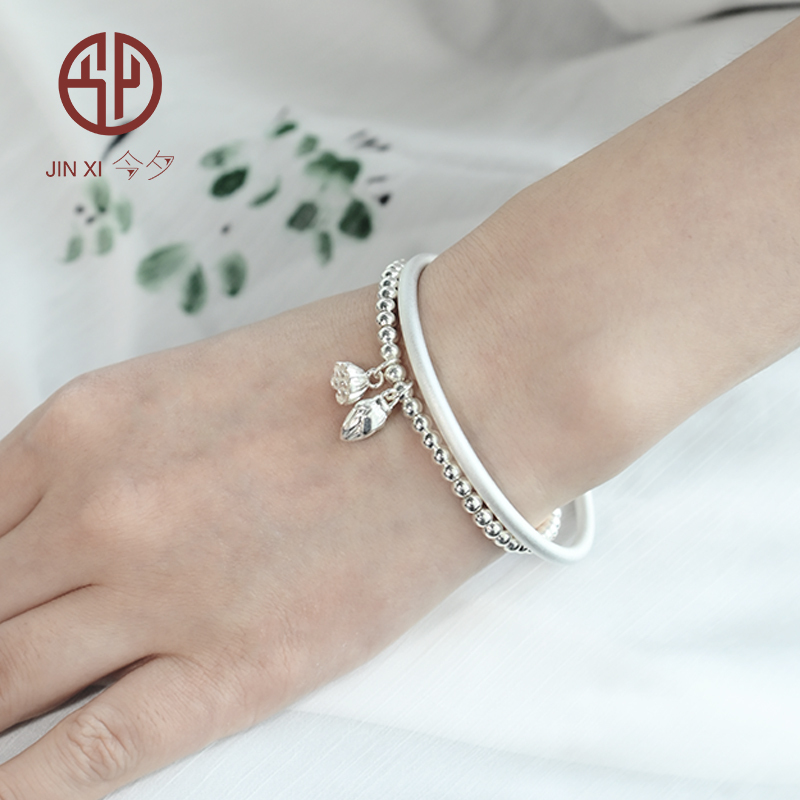 今夕两世欢银手镯女足银搭配莲蓬4mm圆珠银手链子双两环镯子手串女士