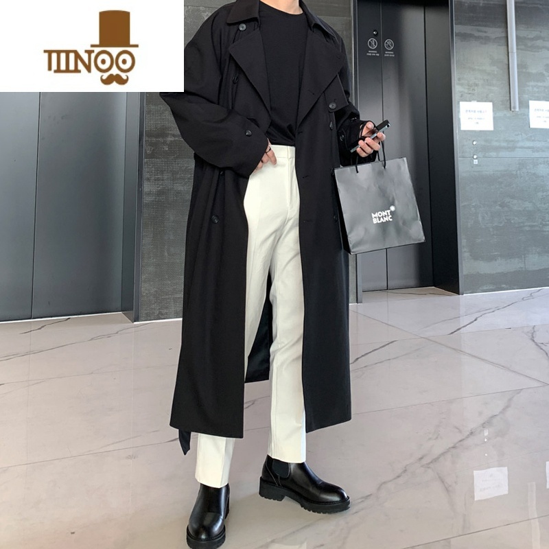 YANXU风衣外套男中长款日系战壕克苏鲁感卡其色过膝男士大衣高清大图