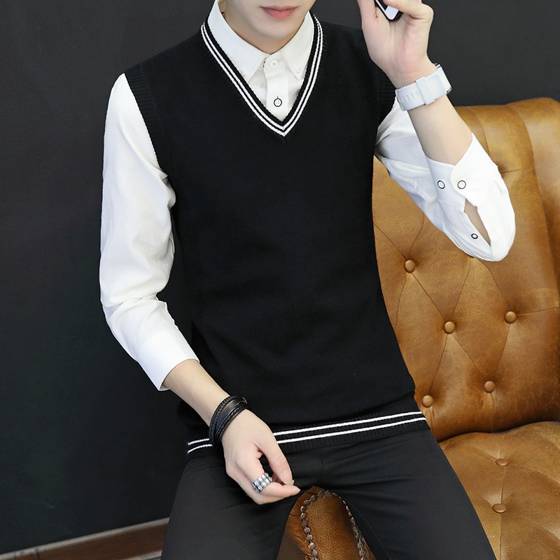 加绒男士毛衣马甲v领潮流无袖针织衫男加厚青年毛线衣背心马甲背心