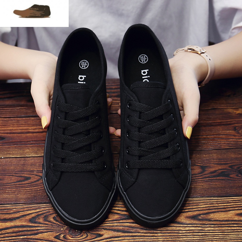 ideaminiulzzang原宿小黑鞋女百搭舒适透气帆布鞋韩版潮低帮休闲鞋黑