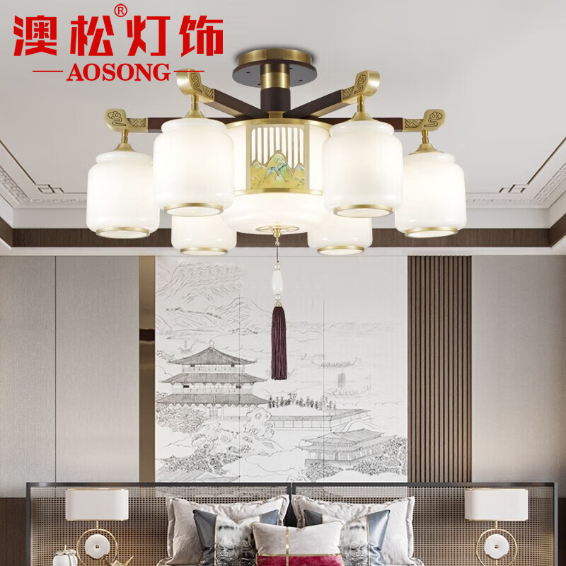 澳松别墅客厅复式楼大吊灯中空楼梯新中式红木全铜酒店餐厅灯罩朝下灯