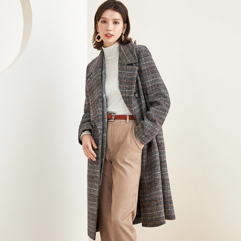 拉夏贝尔旗下candies毛呢外套复古英伦风格纹双排扣大衣女中长款呢子