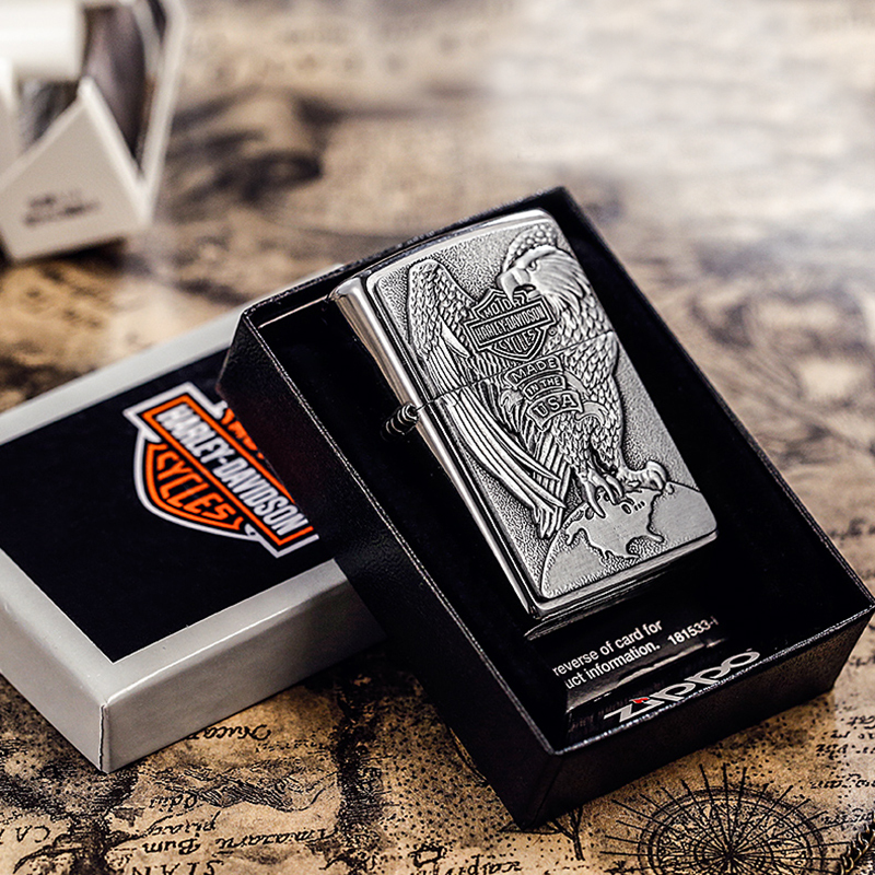 美国zippo打火机芝宝哈雷地球鹰200hdh231拉丝贴章哈雷雄鹰展翅商标