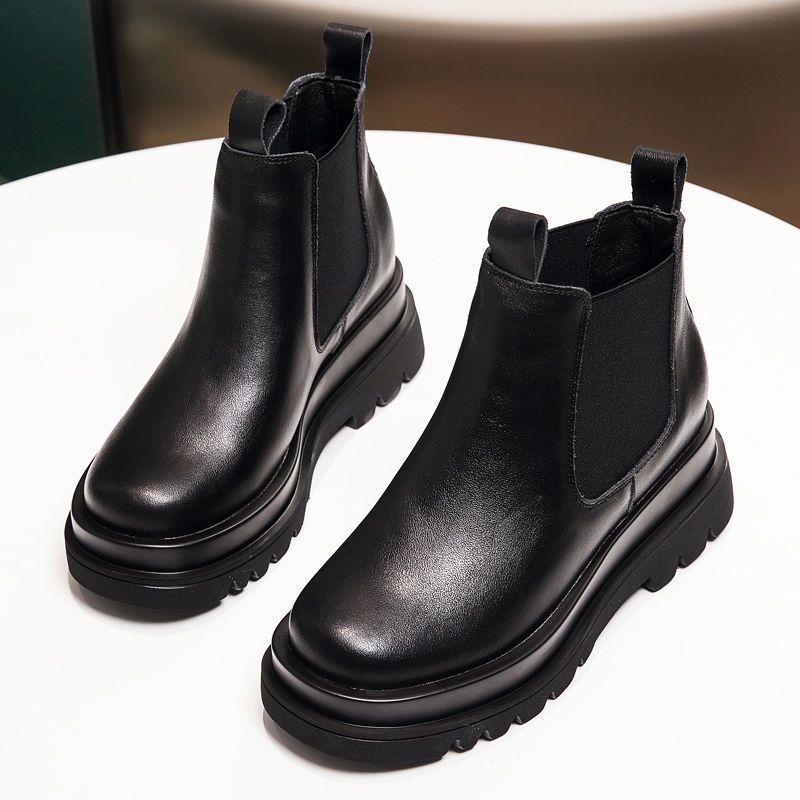 芮音百丽真软皮女靴秋冬季英伦百搭厚底防滑机车鞋马丁靴短筒靴子黑色