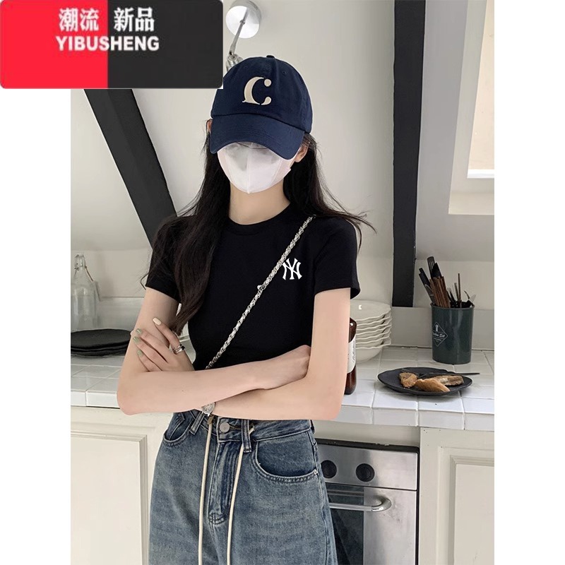YIBUSHENG纯欲风白色正肩短袖t恤女设计感小众辣妹修身短款上衣季 黑色-NY S90斤以下