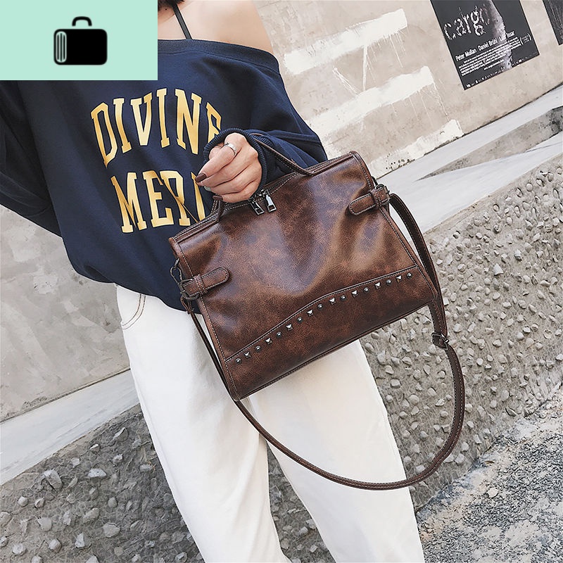 [牛皮质感]港风复古手提包女2020新款潮时尚百搭单肩斜挎大包包NEW LAKE