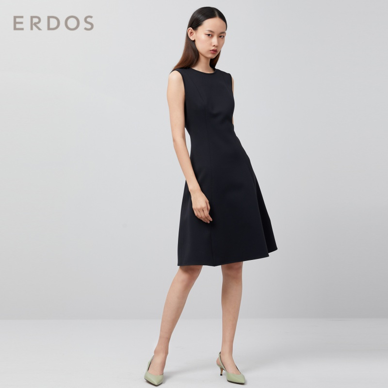 ERDOS 20春夏圆领纯色简约无袖中长款连衣裙收腰显瘦
