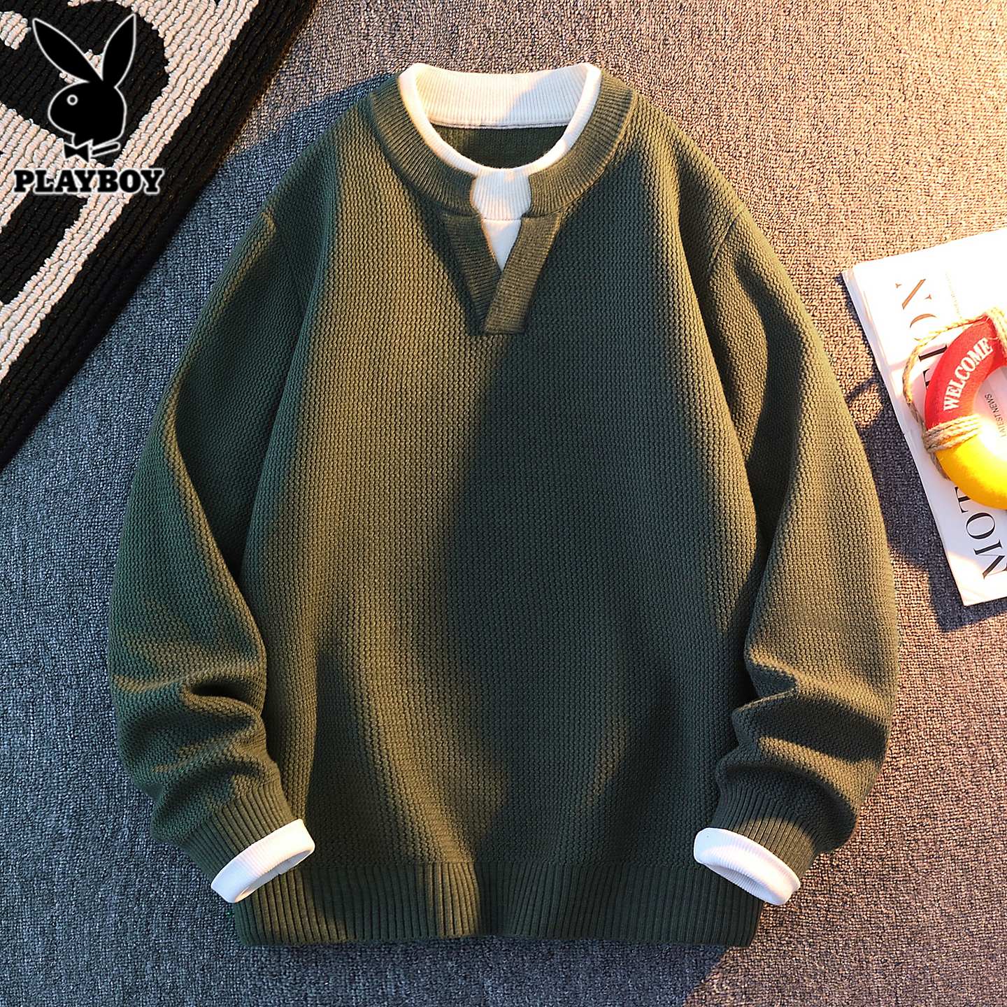 花花公子假两件毛衣男士秋冬季新款毛衫潮流宽松叠穿v领针织衫男 830绿色 3XL