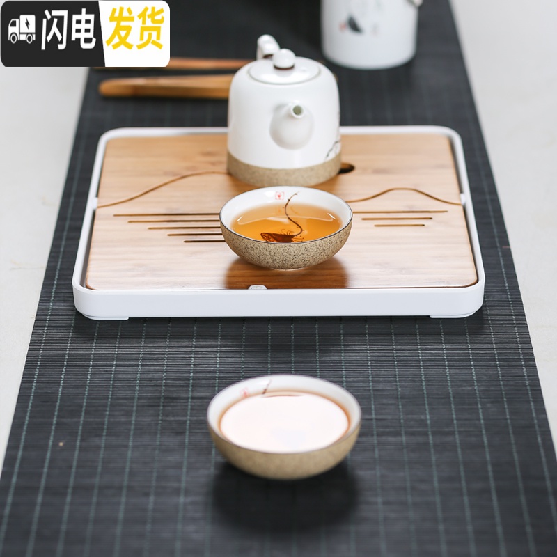 三维工匠密胺小茶盘干泡台功夫茶具茶盘家用竹制塑料茶台托盘圆形方形储水 小号山水密胺圆茶盘(黑)高清大图