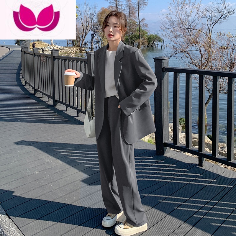 七斓韩系灰色休闲西装套装女2023春季新款宽松上衣气质西服裤子套 XL约150斤以内 灰色西装+长裤升级款