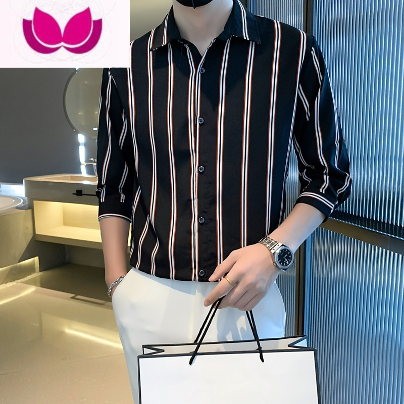 七斓夏季文艺韩范翻领竖条纹男发型师七分袖衬衫痞帅潮牌中袖衬衣时尚