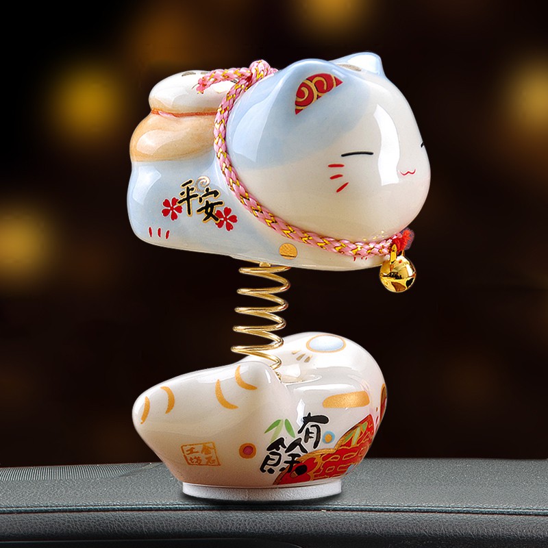 猫汽车摆件弹簧公仔陶瓷摇头娃娃车仔送朋友平安车饰 三维工匠 SE6019常乐坚持猫高清大图