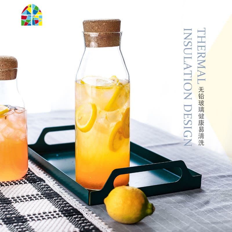 软木塞果汁瓶饮料瓶酒瓶高硼可高温玻璃奶茶瓶冷水壶凉水壶 FENGHOU 小号壶+1直身杯+竹托盘图片